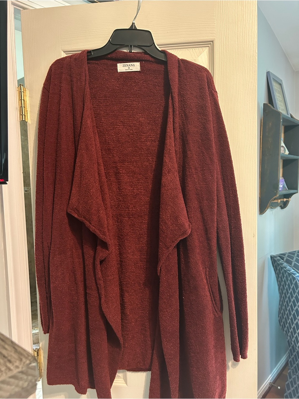 Zenana Outfitters Women's Open Drape Cardigan in Wine
